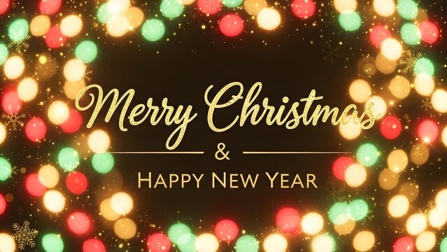 Festive merry christmas and happy new year greeting with bokeh lights