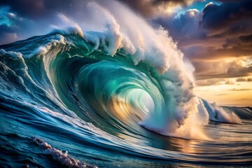 Dramatic Ocean Wave Crashing with Power and Splendor against Sky at Sunset Creating Captivating Seascape Perfect for Nature Enthusiasts and Surfing Adventures Extreme Long Shot