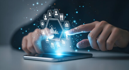 Business technology concept with a person touching a phone screen showing icons for human resources career and data analysis for digital transformation