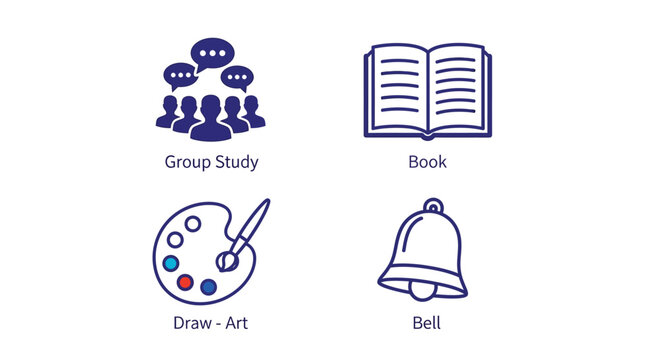 Vector illustration of illustration of group study, book, drawing art, and bell isolated on