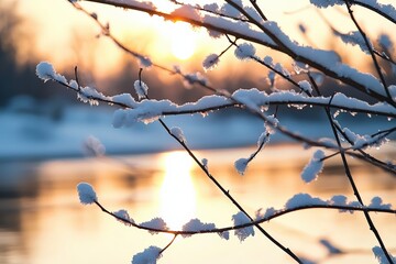 Bare tree branches covered with fresh white snow during a golden winter sunset reflecting light over calm water. Copy space