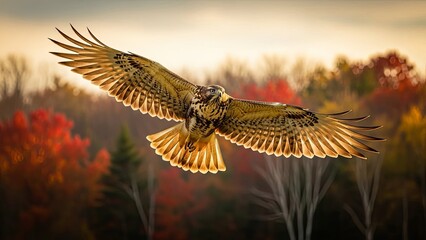 Fototapeta premium Majestic hawk soars over vibrant autumn forest landscape.