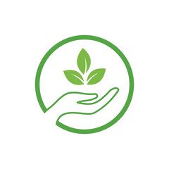 Eco Friendly Hand with Green Leaves, Nurturing Nature Care Emblem