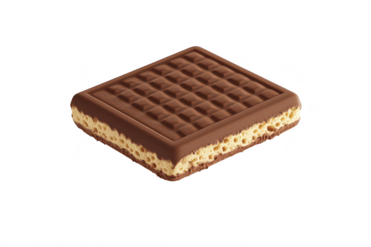 A delicious chocolate-covered wafer biscuit floating in mid-air. its textured layers and creamy filling. set against a clean. white background to emphasize its appealing design