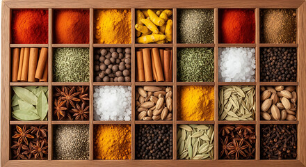 A vibrant and diverse collection of assorted spices and herbs arranged in a wooden box, showcasing various colors and textures