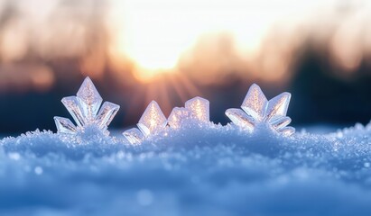 Close up macro of intricate ice crystals glistening on fresh snow, illuminated by the warm light of a low winter sun