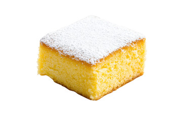 A freshly baked square piece of yellow cake dusted with powdered sugar. placed on a clean white surface. its moist texture and inviting appearance for dessert enthusiasts
