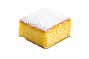 A freshly baked square piece of yellow cake dusted with powdered sugar. placed on a clean white surface. its moist texture and inviting appearance for dessert enthusiasts