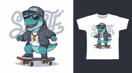 Dinosaur swag play skateboard illustration hand drawn, vector ready for print on t-shirt and other uses.