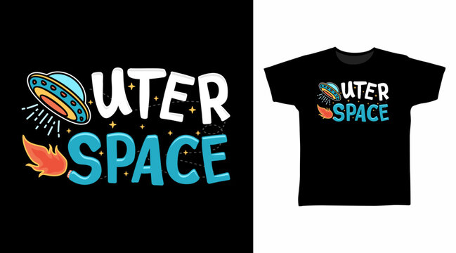 Outer space ship typography illustration hand drawn, vector ready for print on t-shirt and other uses.