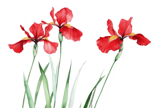 A display of red iris flowers gracefully blooming against a clean white background. their delicate petals and lush green leaves. ideal for nature-themed designs and decor