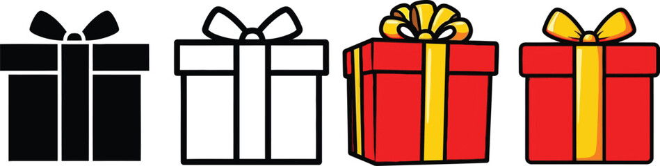 Four gift box illustrations black silhouette outline and two color versions