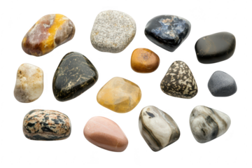 A diverse collection of polished stones various colors and textures. arranged neatly on a white background. ideal for educational purposes or decorative use