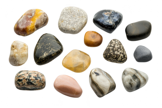 A diverse collection of polished stones various colors and textures. arranged neatly on a white background. ideal for educational purposes or decorative use