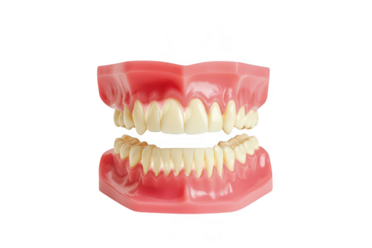 A realistic model of human dentures the upper and lower jaw with detailed teeth and gum structure. ideal for dental education and presentations in a clinical setting