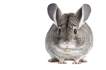 A close-up view of a curious gray chinchilla with large ears and expressive eyes. sitting on a clean white background. its soft fur and playful demeanor