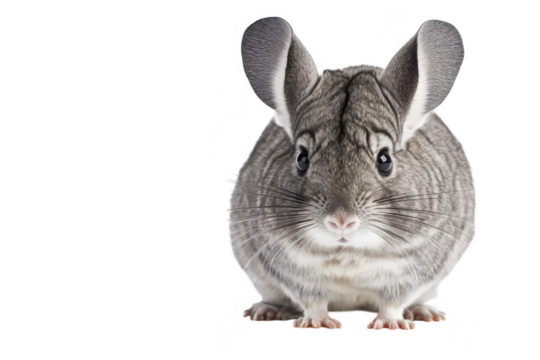 A close-up view of a curious gray chinchilla with large ears and expressive eyes. sitting on a clean white background. its soft fur and playful demeanor - Powered by Adobe
