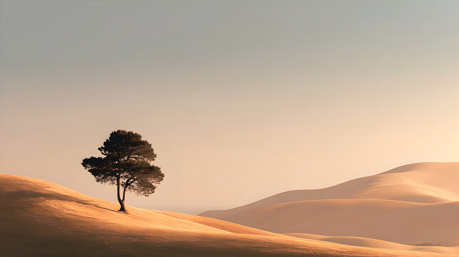 Solitary Tree Standing on Golden Rolling Hills Under Clear Sky 