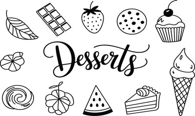 Desserts Script Typography and Doodle Line Icons, Sweet Food Treats Sketch Collection, Cake Strawberry Ice Cream Monochrome Vector Illustration