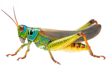 A vividly colored grasshopper perched on a white background. its intricate patterns and textures. ideal for educational materials or nature-themed projects