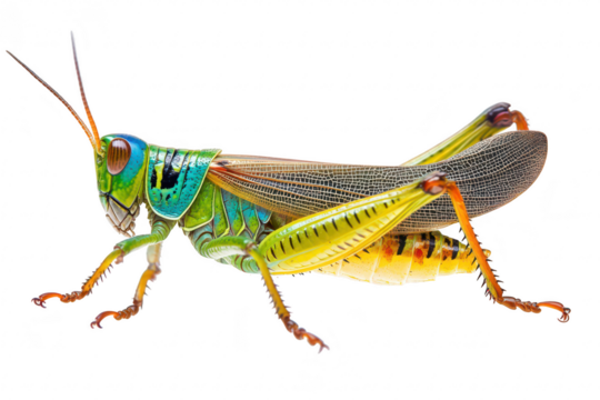 A vividly colored grasshopper perched on a white background. its intricate patterns and textures. ideal for educational materials or nature-themed projects