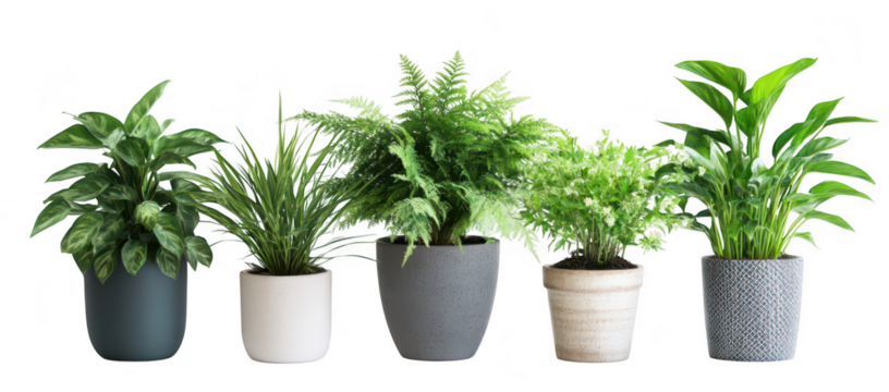 A serene display of five diverse indoor plants in stylish pots. greenery against a minimalist white background. perfect for home decor inspiration