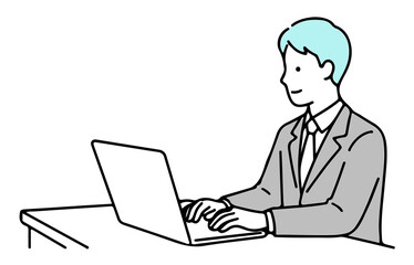 ノートパソコンでデスクワークをするビジネスマンのイラスト：リモートワークと集中（シンプルな線画・ベクター）