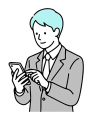 スマートフォンを操作するビジネスマンのイラスト：通信とアプリの確認（シンプルな線画・ベクター）