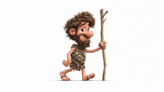 Cartoon caveman character walking with a wooden stick