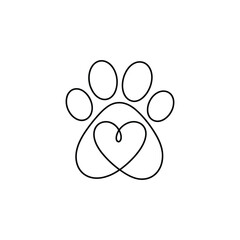 Minimalist line art of a dog paw print with a heart inside