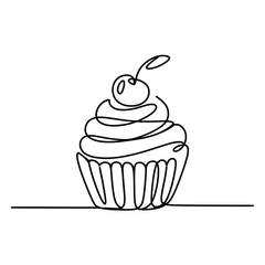 Single line drawing of a cupcake with cherry on top