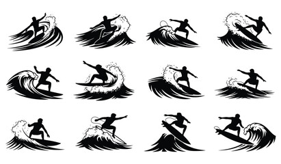 Surfer silhouettes riding ocean waves set. dynamic water sports graphic collection Vector