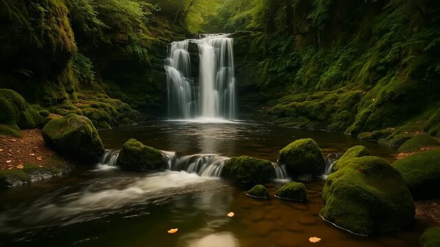 A serene forest waterfall cascades into a calm, clear pool surrounded by moss-covered rocks and lush green foliage. Warm light illuminates floating autumn leaves on the tranquil surface, creating a pe