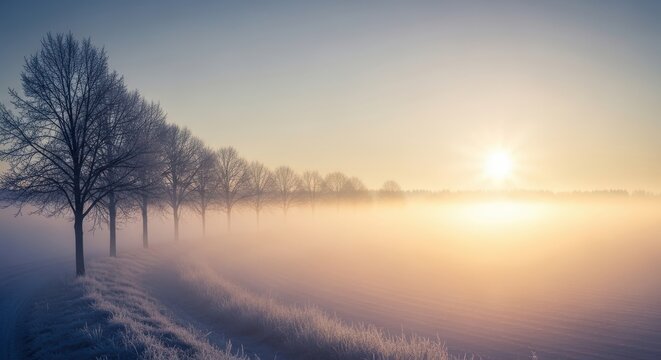 Stunning winter sunrise over a misty, frosty landscape with a row of bare trees silhouetted against the bright, golden light breaking through the fog