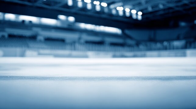 bleachers. Empty ice rink with cool blue tones and blurred stadium seating, atmospheric and serene. event key visuals, club posters, designed for sports event promotions and stadium branding.
