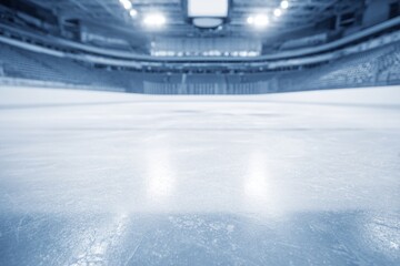 bleachers. Empty ice rink with cool blue tones and blurred stadium seating, atmospheric and serene. event key visuals, club posters, designed for sports event promotions and stadium branding.
