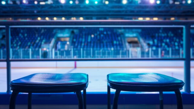 bleachers. Empty ice rink with cool blue tones and blurred stadium seating, atmospheric and serene. event key visuals, club posters, designed for sports event promotions and stadium branding.
