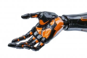 A futuristic robotic hand with glossy black and orange accents reaching out. symbolizing advanced technology and innovation. set against a clean white background for a sleek. modern aesthetic