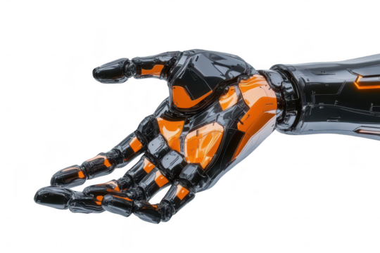 A futuristic robotic hand with glossy black and orange accents reaching out. symbolizing advanced technology and innovation. set against a clean white background for a sleek. modern aesthetic