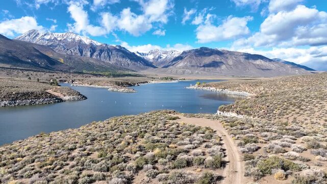 Aerial Crowley Lake Sierra Nevada Mountains California Fly Through