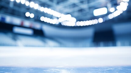 bleachers. Empty ice rink with cool blue tones and blurred stadium seating, atmospheric and serene. event key visuals, club posters, designed for sports event promotions and stadium branding.

