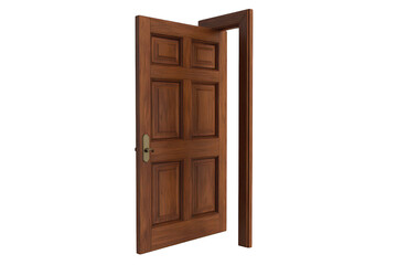 A beautifully crafted wooden door stands slightly ajar. inviting exploration. with a clean white background that emphasizes its rich texture and craftsmanship. ideal for home improvement visuals