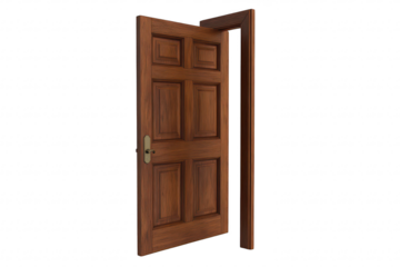 A beautifully crafted wooden door stands slightly ajar. inviting exploration. with a clean white background that emphasizes its rich texture and craftsmanship. ideal for home improvement visuals