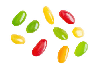 A assortment of jelly beans in various colors including green. yellow. and red. scattered playfully on a clean white background. perfect for candy-themed promotions or events