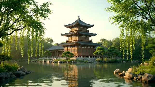 Traditional Chinese pavilion architecture in a peaceful Asian garden park landscape near a lake or pagoda