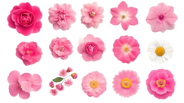 A collection of various pink flowers arranged artistically. their unique shapes and textures against a clean white background. ideal for floral-themed projects or designs
