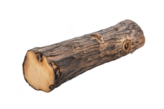 A rustic wooden log with a textured surface. natural patterns and colors. placed on a clean white background. ideal for nature-themed designs or organic product displays
