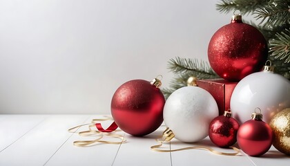 Christmas decorations red, white, gold ornaments, ribbon, & evergreen branches on white wood