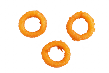 Three golden. crispy onion rings arranged in a playful manner on a clean white background. their texture and color. ideal for food photography or menu design