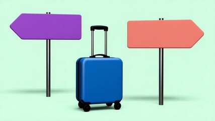 3D Render of Blue Travel Suitcase Standing Between Two Blank Directional Road Signs